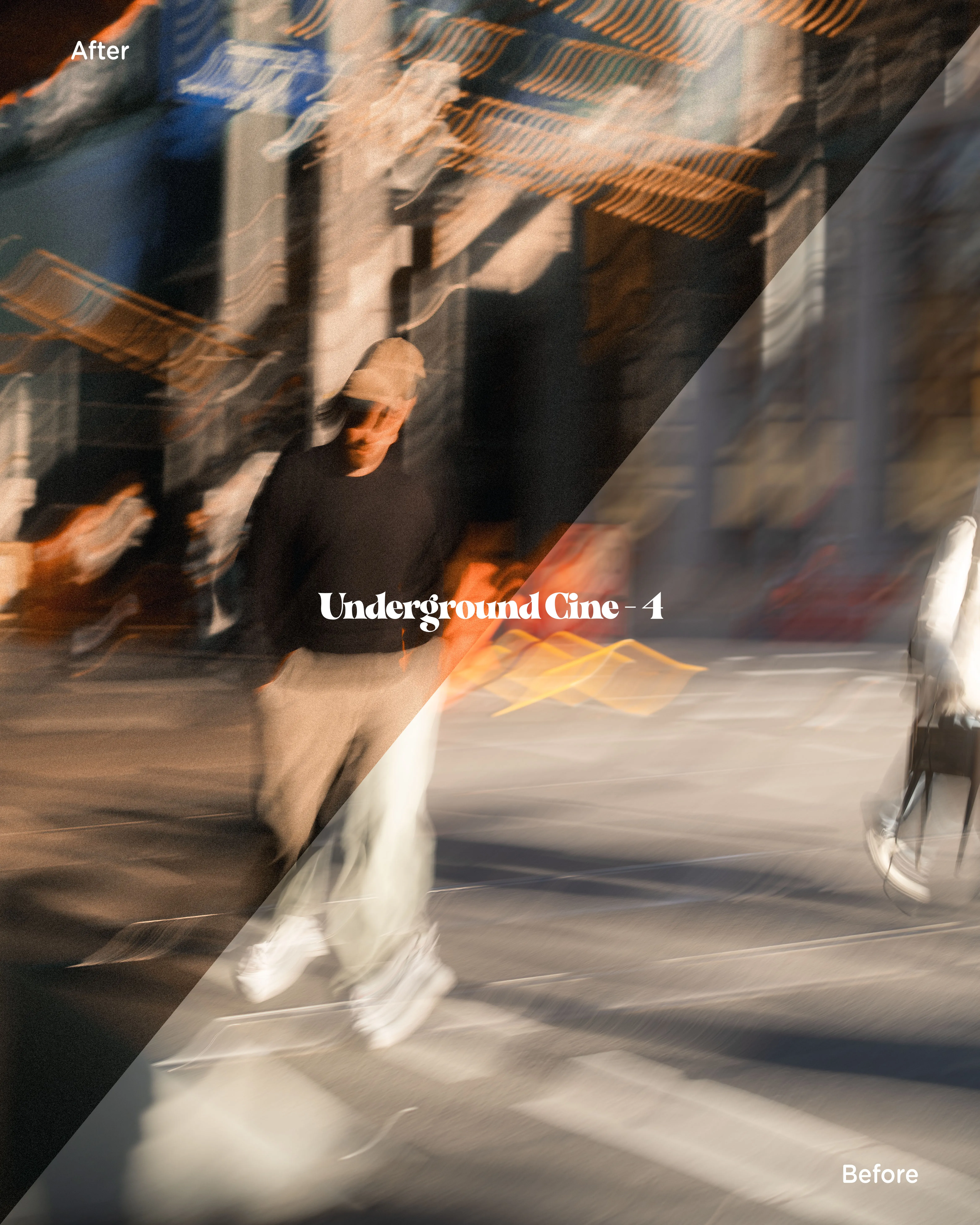 Diagonal before/after split showing Underground Cine 4 giving a blurred street scene a moody cinematic cast.